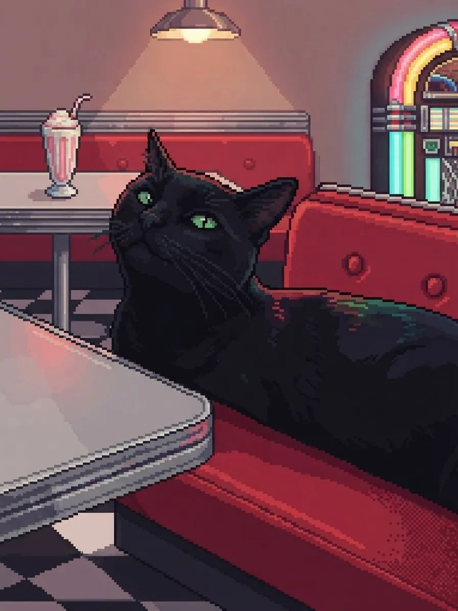 Black cat rendered in 16-bit pixel art inside a retro diner