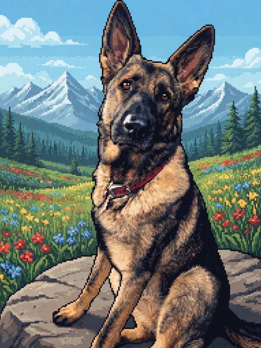 German Shepherd rendered in 16-bit pixel art in a mountain wildflower meadow