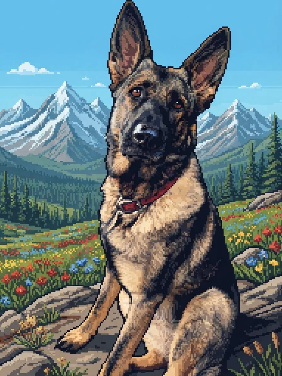 German Shepherd rendered in 16-bit pixel art in a mountain wildflower meadow