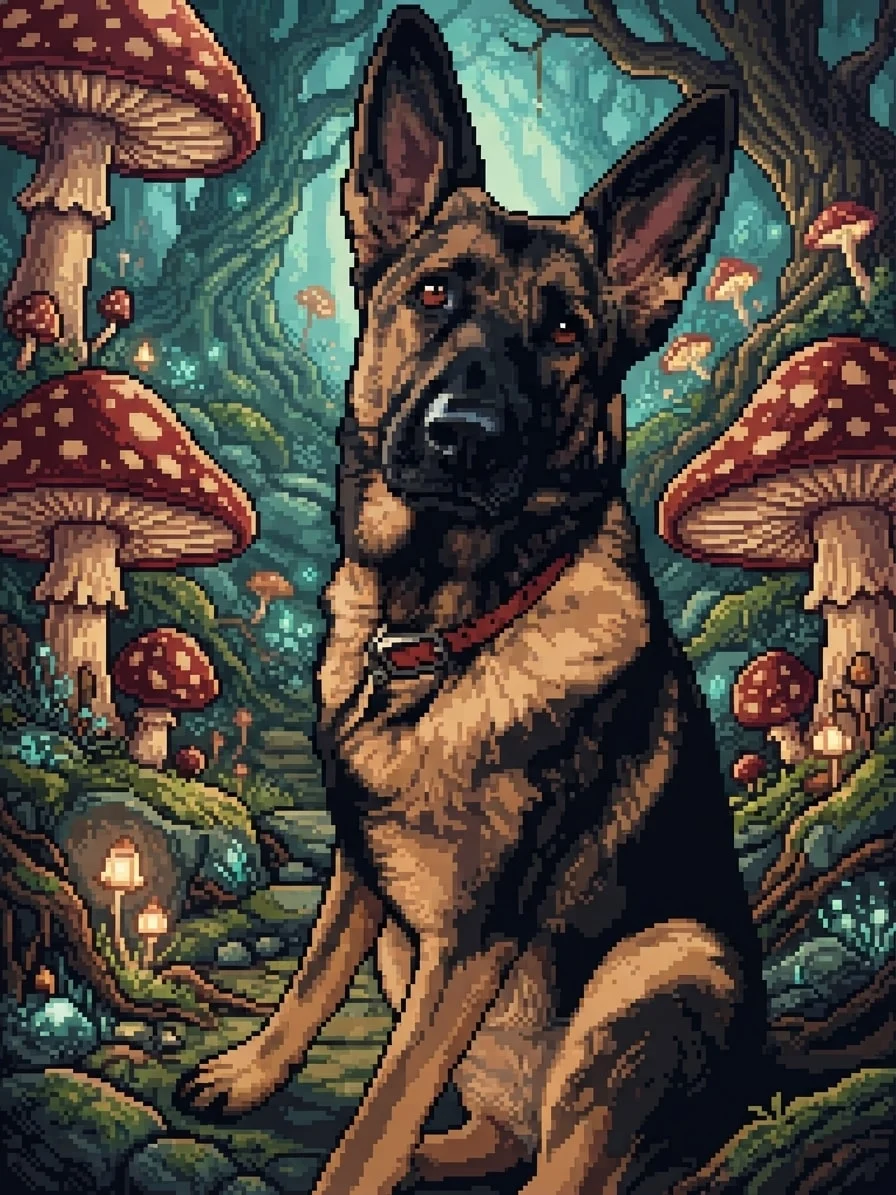 German Shepherd rendered in 8-bit pixel art among giant woodland mushrooms