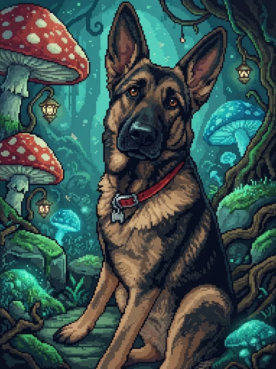 German Shepherd rendered in 8-bit pixel art among giant woodland mushrooms