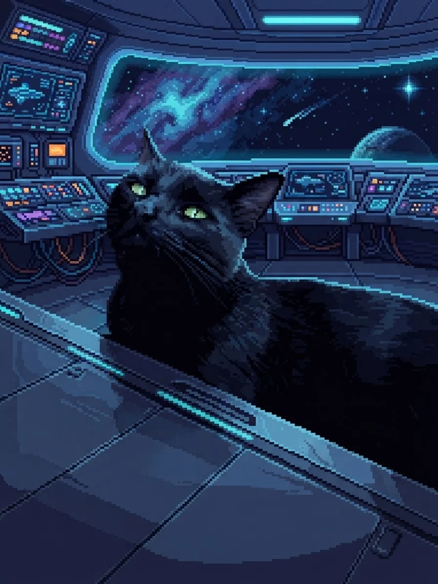 Black cat rendered in 8-bit pixel art on a futuristic starship bridge