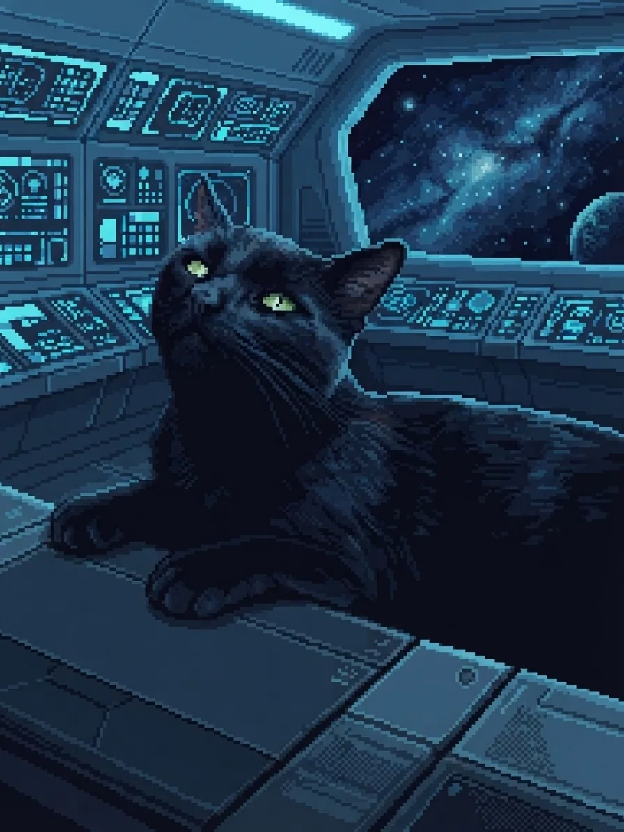 Black cat rendered in 8-bit pixel art on a futuristic starship bridge