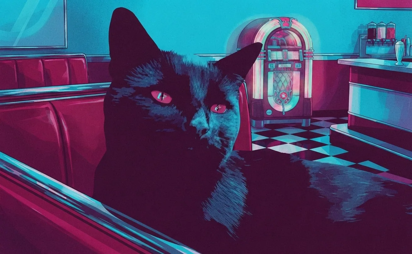 Black cat in an electric cyan and raspberry duotone 1950s diner poster