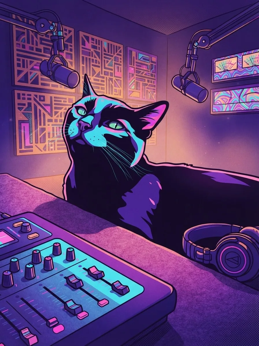 Black cat rendered in neon psychedelic linework inside a colourful podcast studio