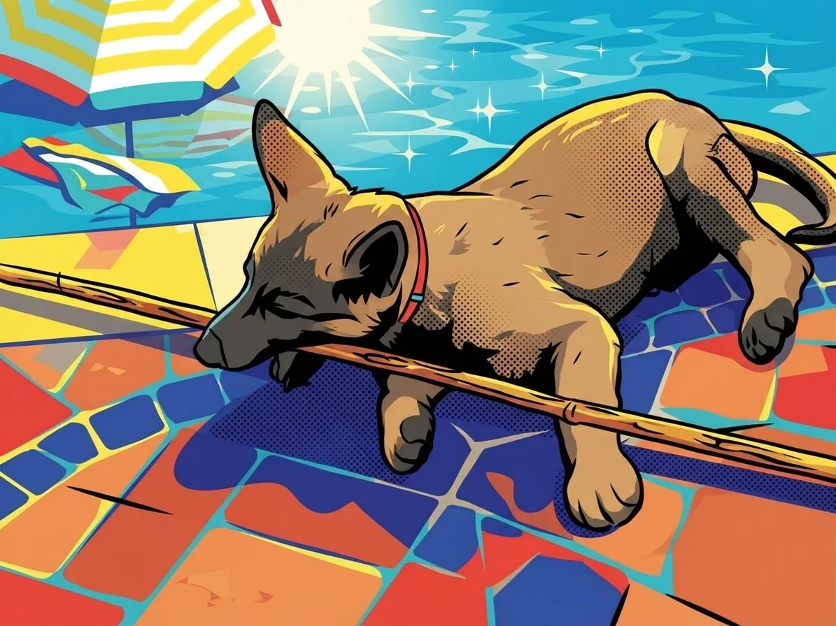 Young German Shepherd with a stick in a colourful Pop Art poolside scene