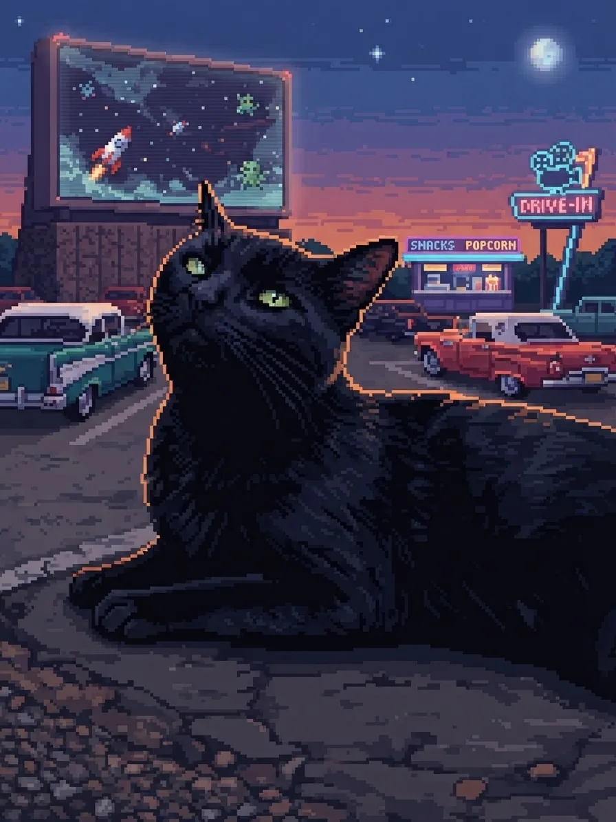 Black cat at a classic drive-in movie rendered in colourful 8-bit pixel art
