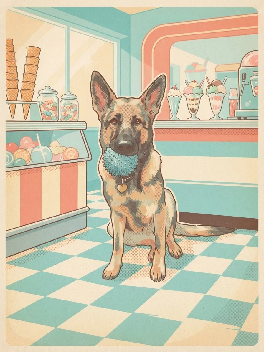 German Shepherd pictured as a vintage postcard inside a pastel ice cream parlor