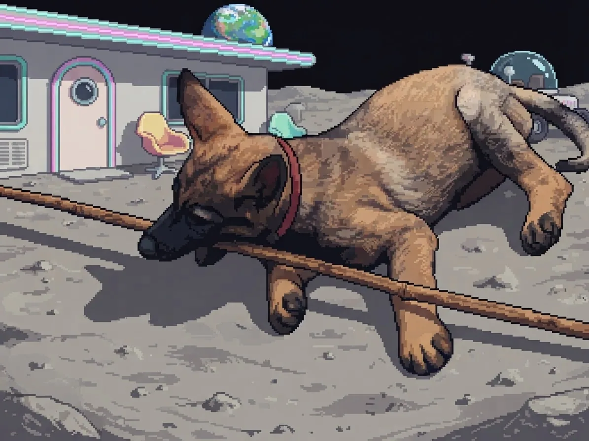 German Shepherd rendered in 16-bit pixel art outside a retro lunar motel