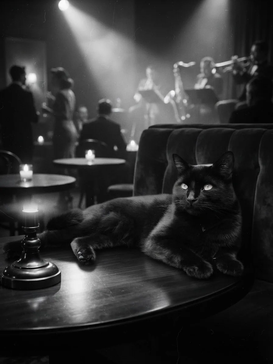 Black cat relaxing at a table inside a black-and-white midnight jazz club
