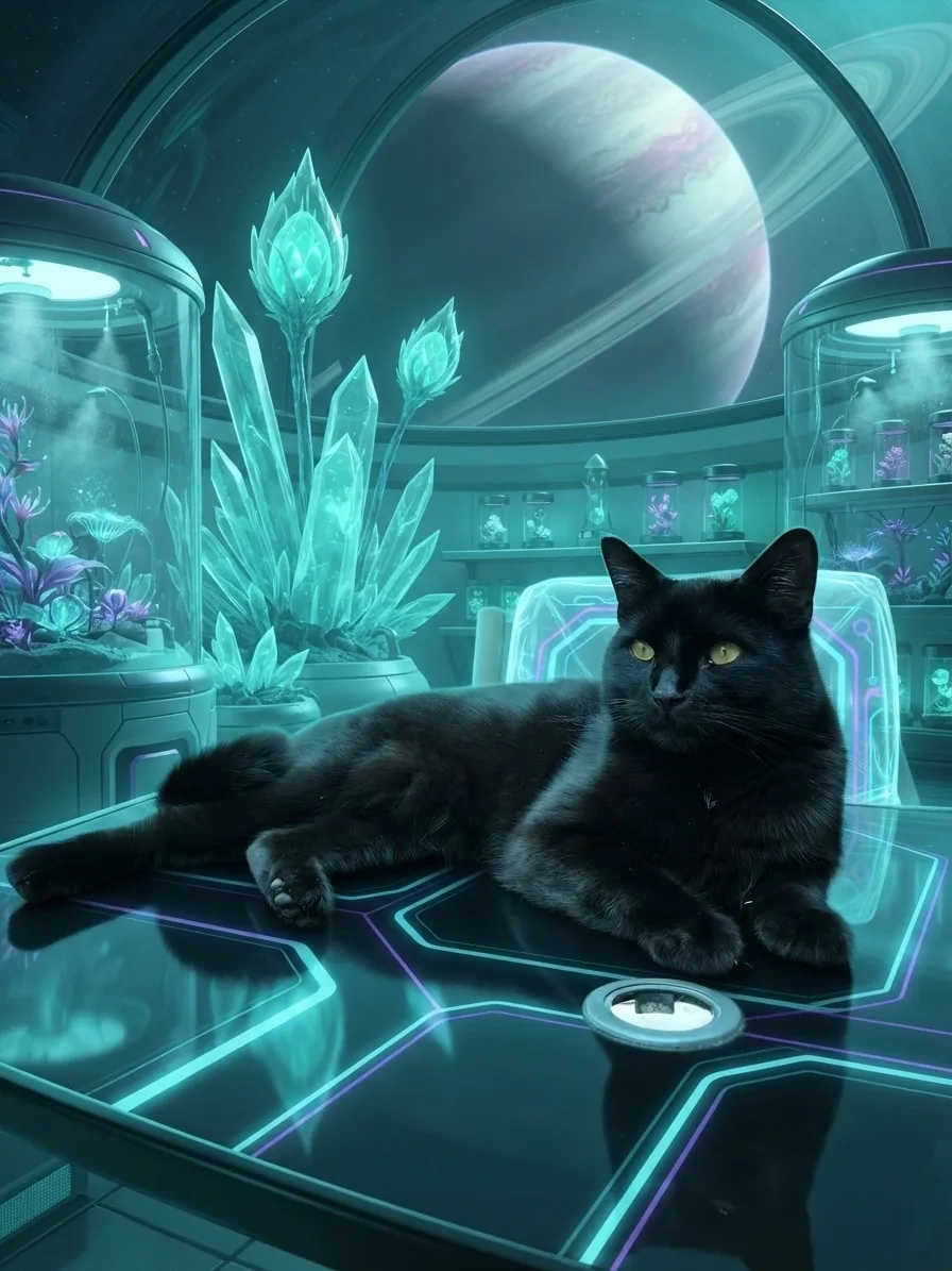 Black cat relaxing among luminous plants in an alien botanical laboratory