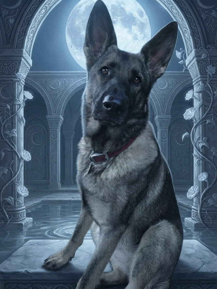 German Shepherd beneath a full moon inside an ornate silver lunar temple