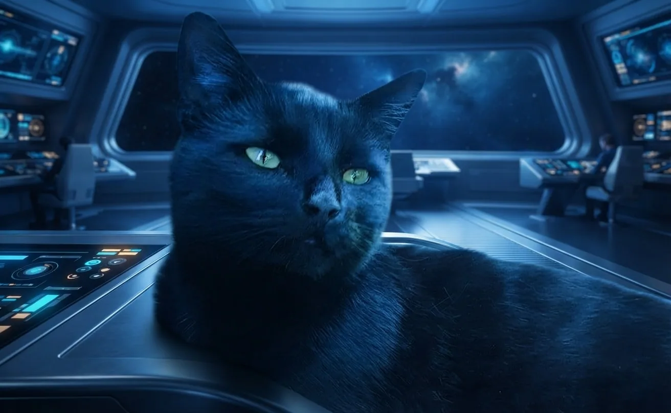 Black cat on a blue-lit starship bridge with planets beyond the window