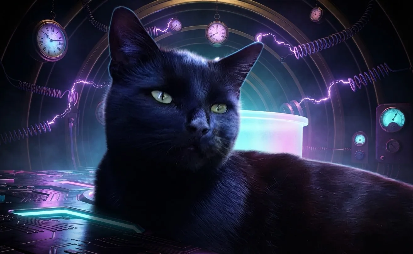 Black cat inside a brass time machine chamber lit by violet cyberpunk neon
