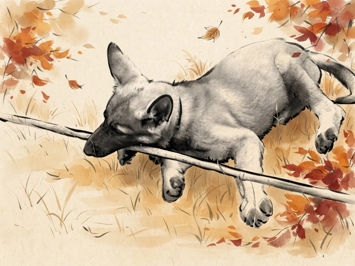 Young German Shepherd painted in Sumi-e ink with a branch among warm autumn leaves