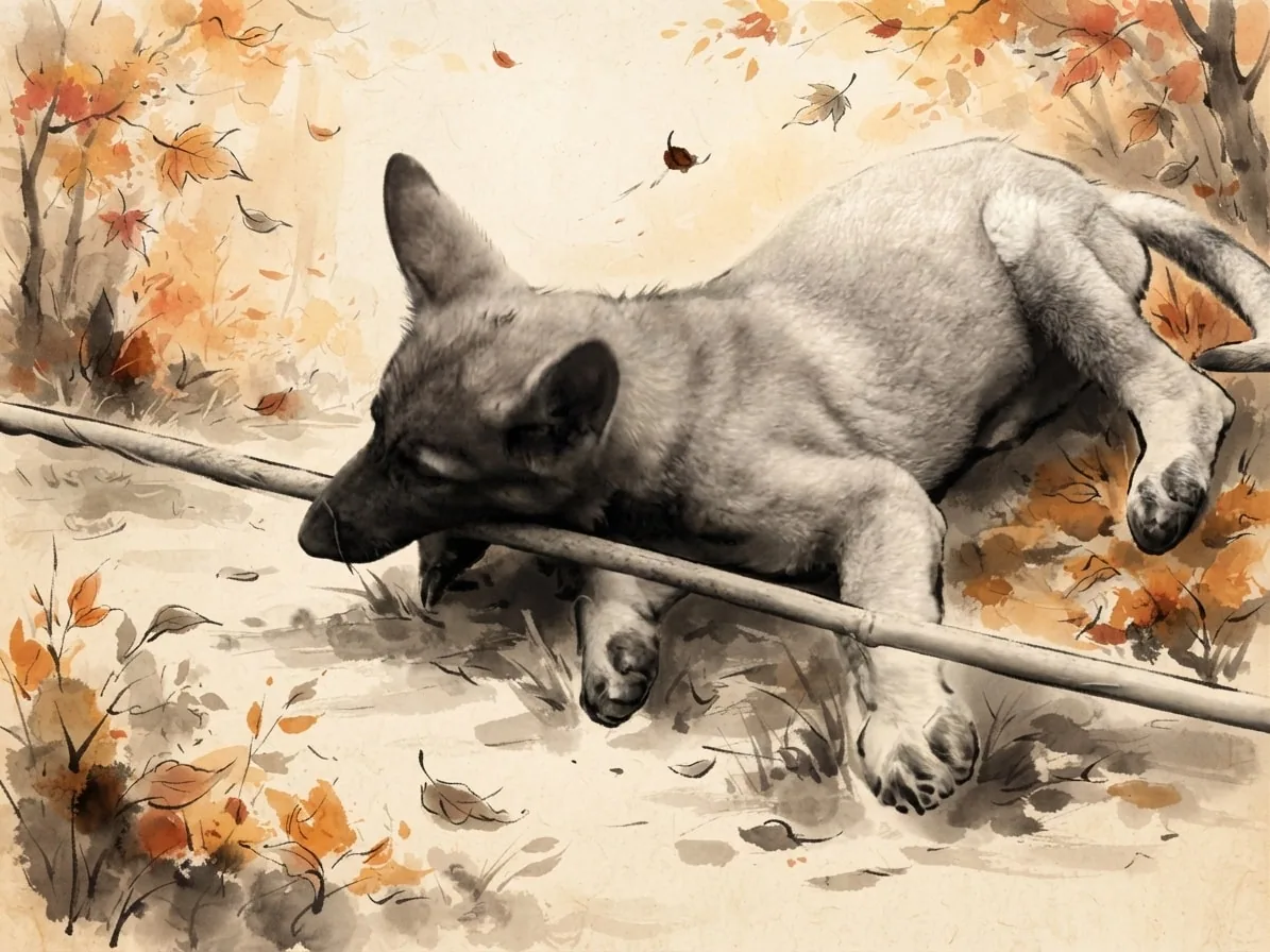 Young German Shepherd painted in Sumi-e ink with a branch among warm autumn leaves