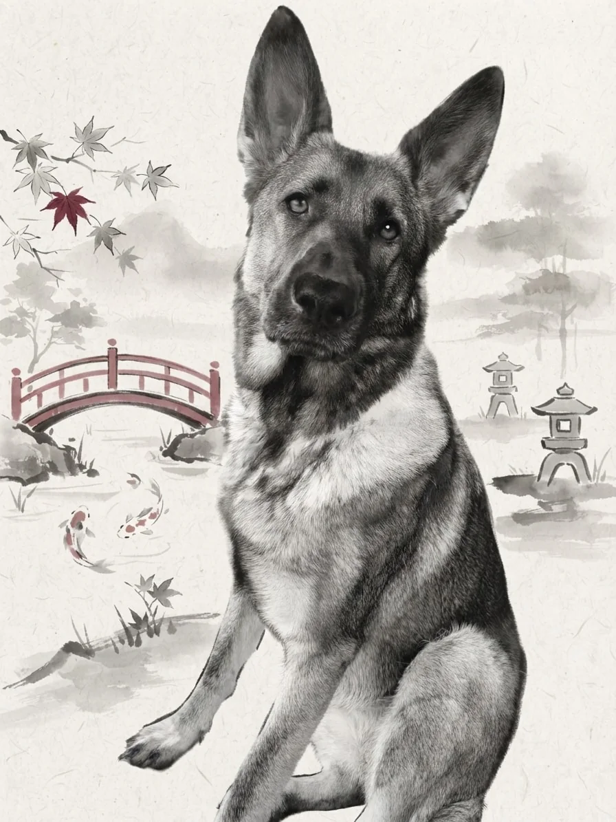 German Shepherd painted in Sumi-e ink beside a Japanese garden bridge and koi pond