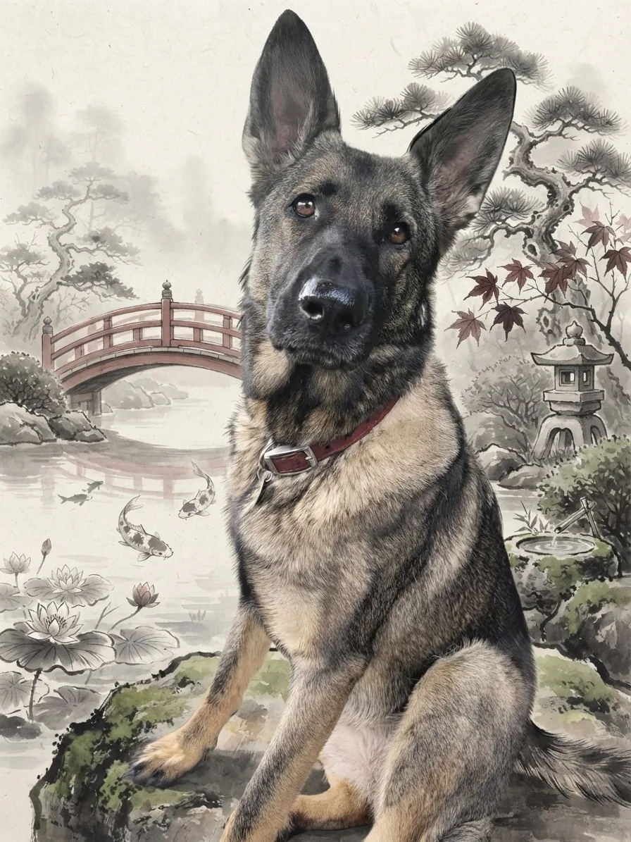 German Shepherd painted in Sumi-e ink beside a Japanese garden bridge and koi pond
