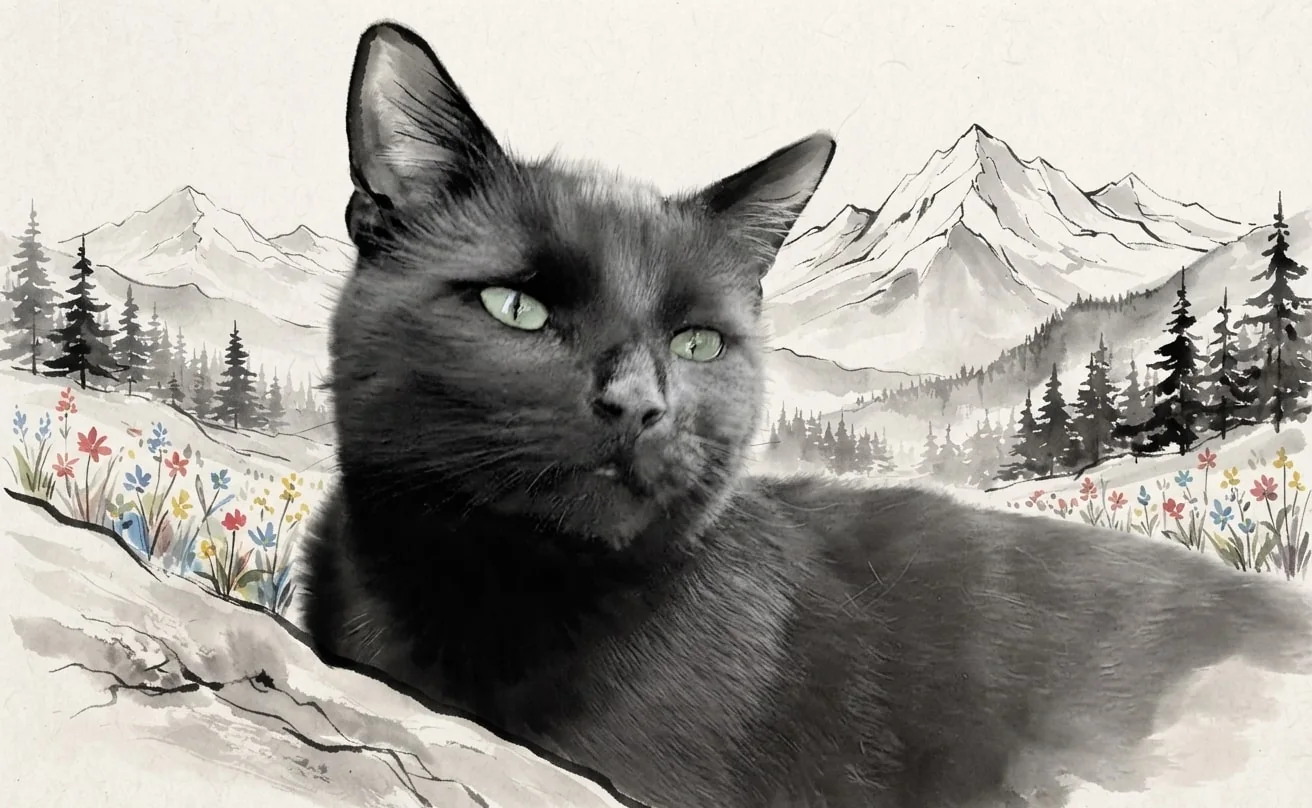 Black cat painted in Sumi-e ink before layered mountain peaks and small wildflowers