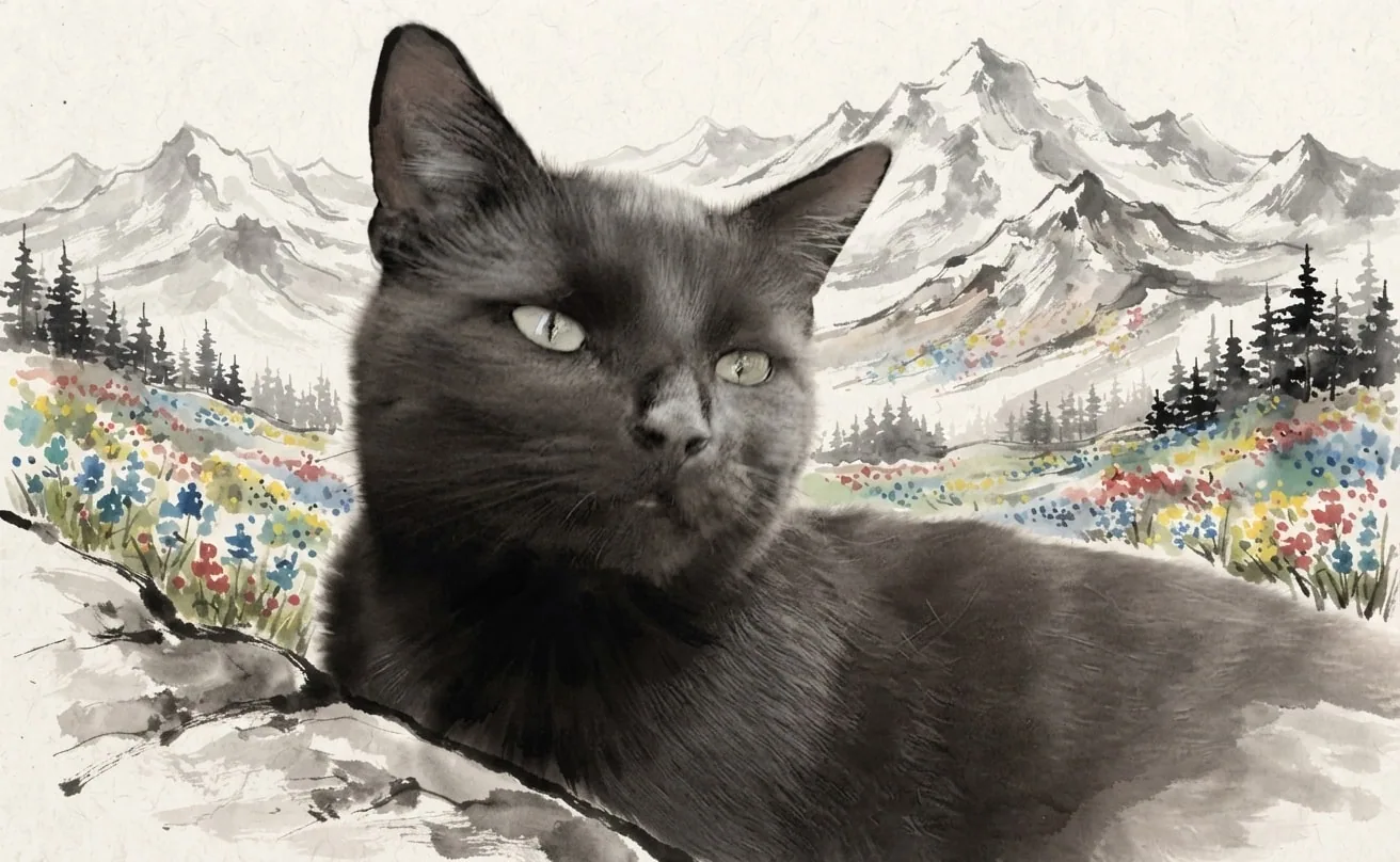 Black cat painted in Sumi-e ink before layered mountain peaks and small wildflowers