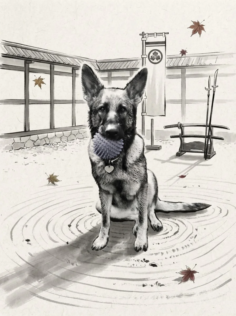 German Shepherd holding a favourite ball in a sparse Sumi-e castle courtyard