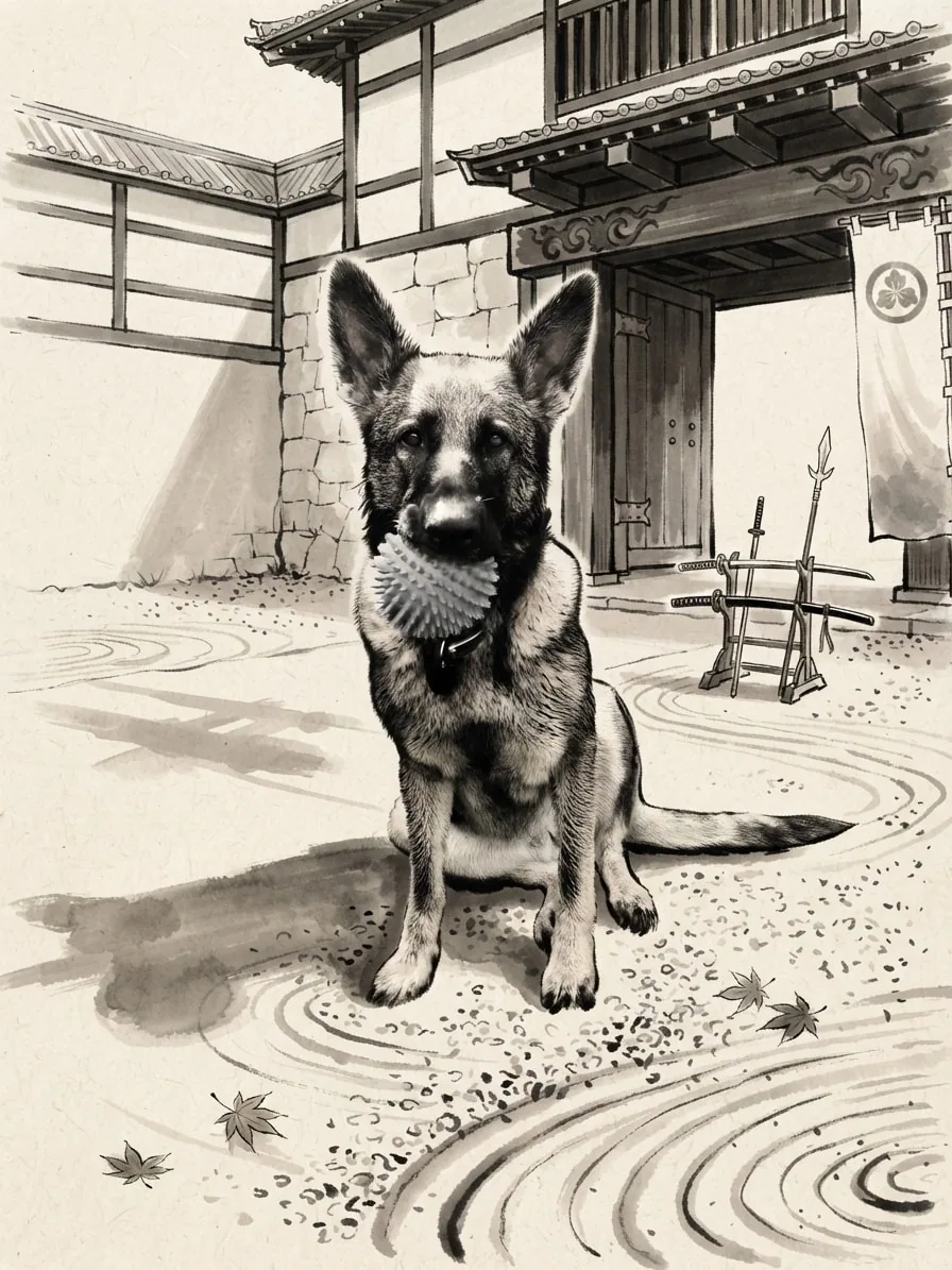 German Shepherd holding a favourite ball in a sparse Sumi-e castle courtyard