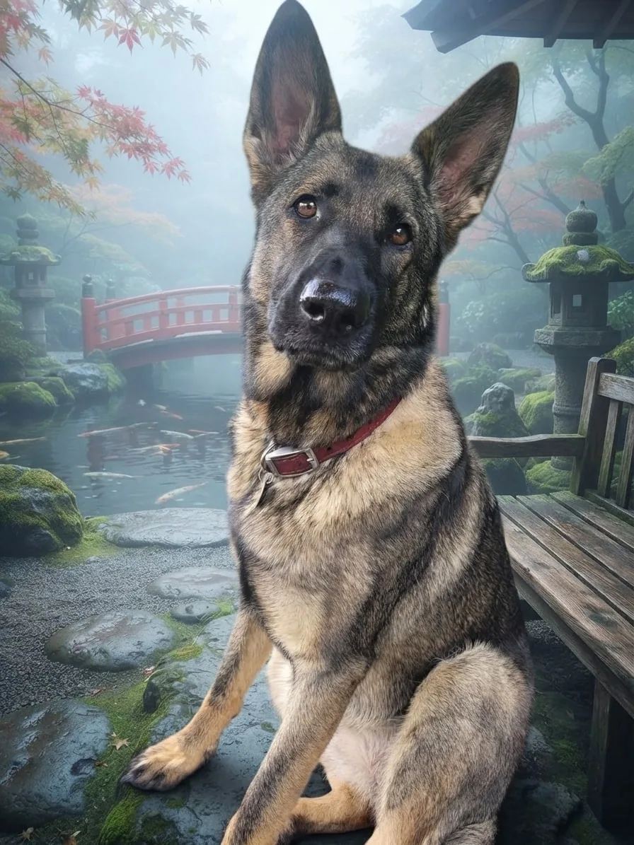 German Shepherd in a misty Japanese garden beside a red bridge and maple trees