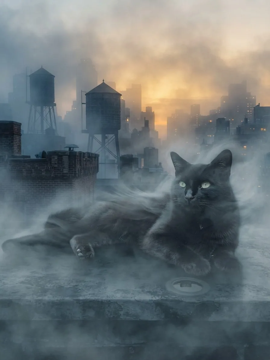 Black cat relaxing on a foggy New York rooftop with the skyline behind