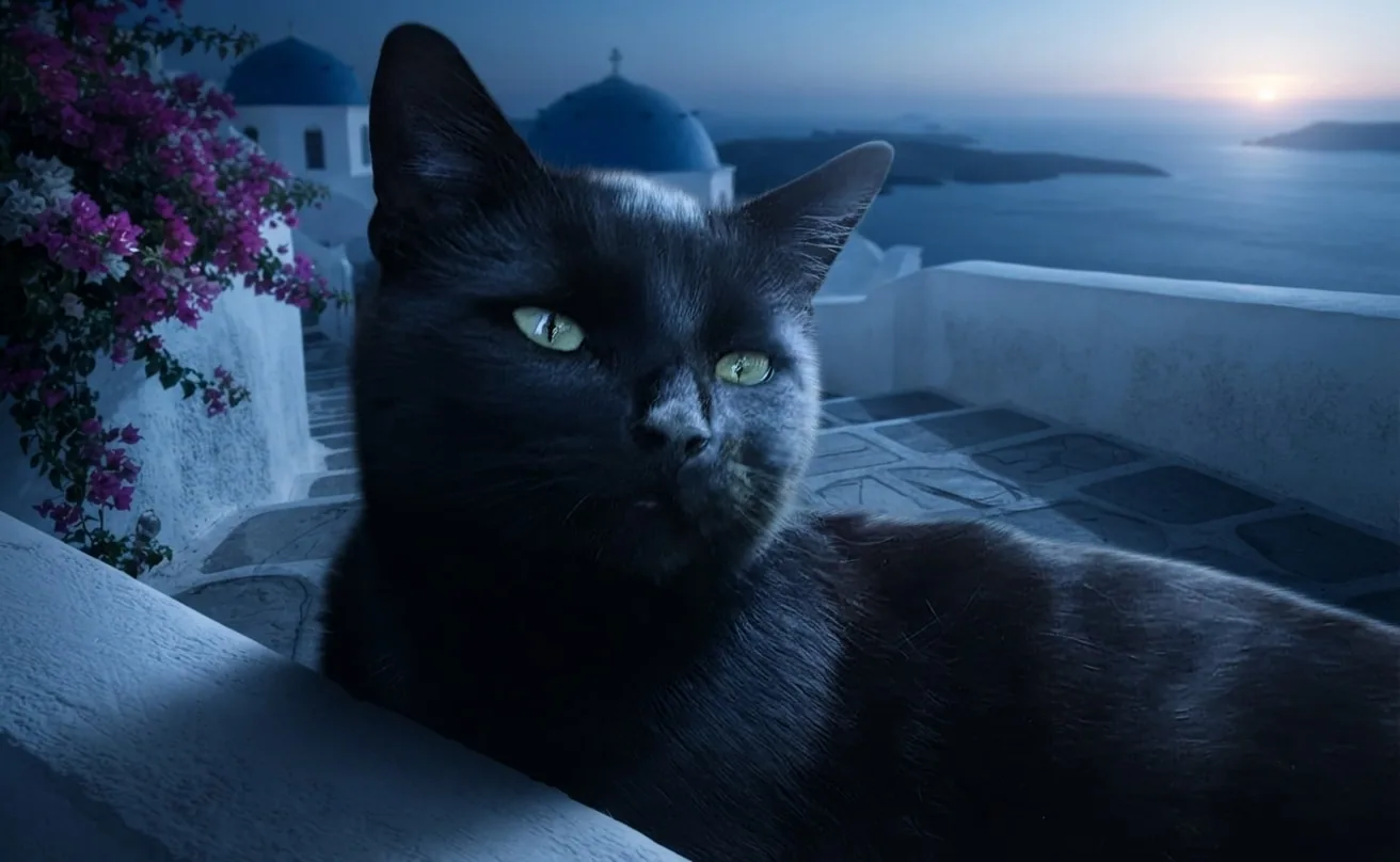 Black cat relaxing on a moonlit Santorini terrace overlooking the Aegean