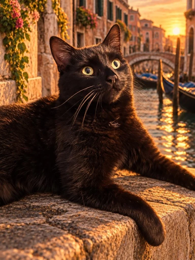 Black cat sitting beside a Venice canal with gondolas and an arched bridge in golden light