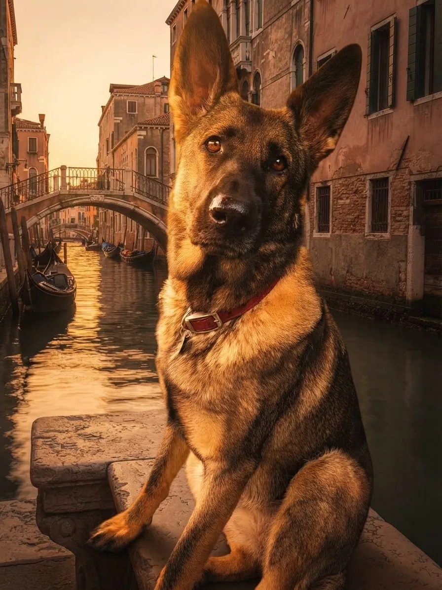 German Shepherd beside a Venice canal and gondola in golden evening light