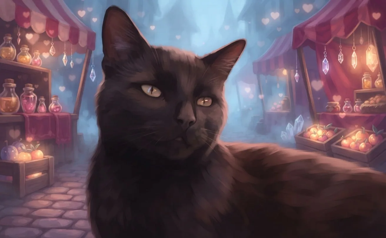 Black cat in a misty fae market with rosy Valentine lighting