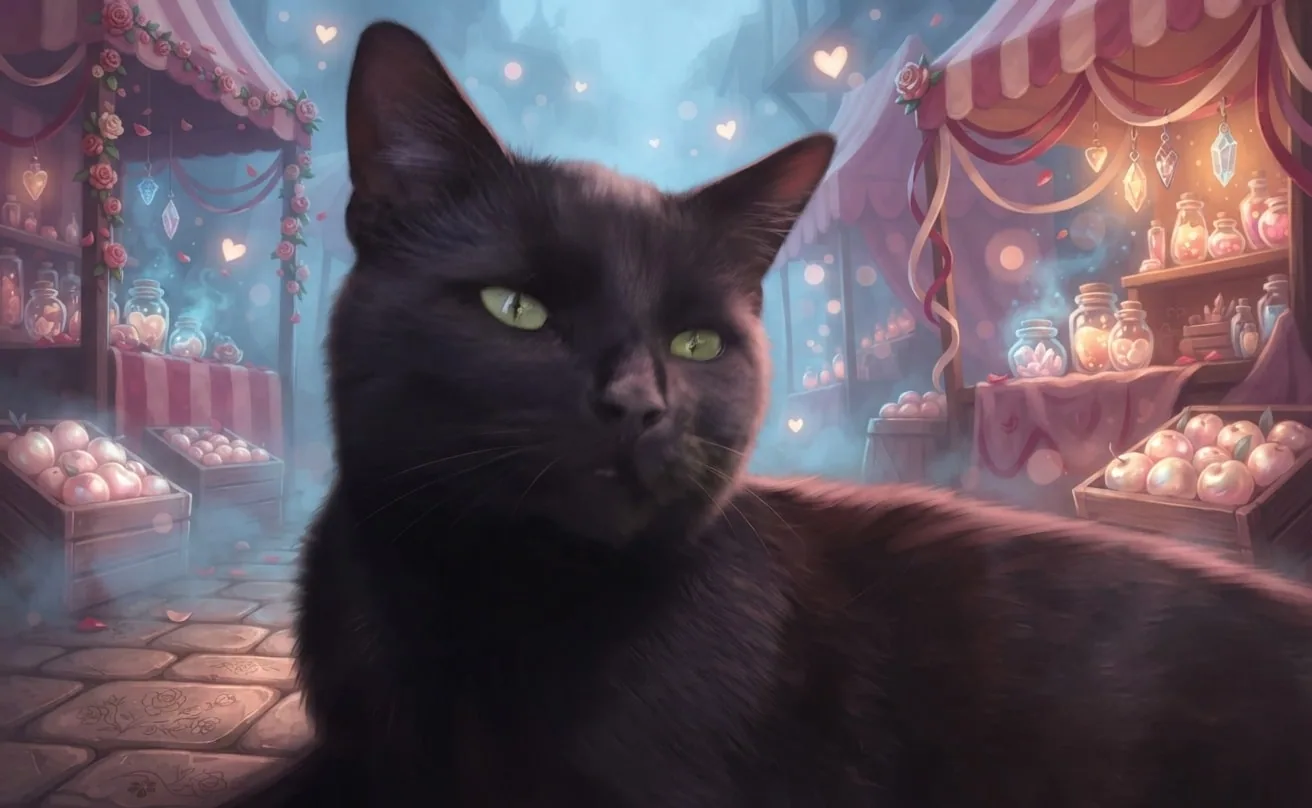 Black cat in a misty fae market with rosy Valentine lighting