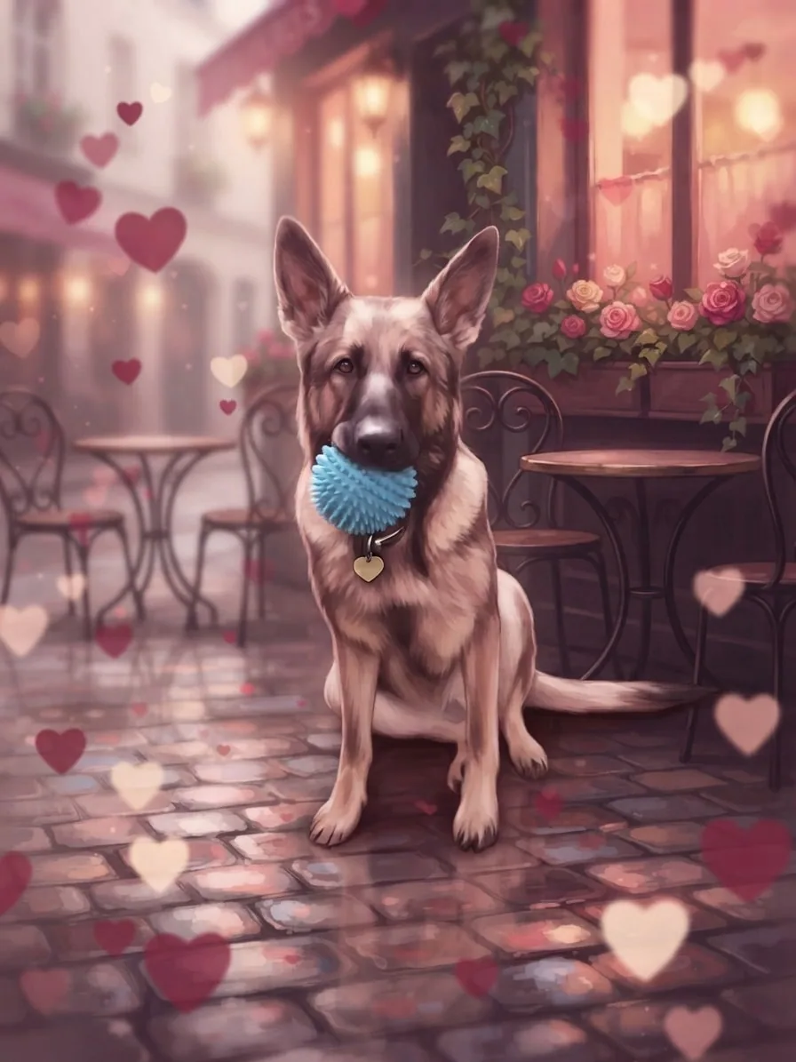 German Shepherd on a rainy Paris street with roses and Valentine lights