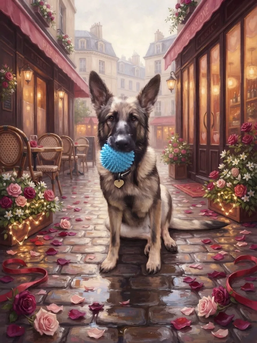 German Shepherd on a rainy Paris street with roses and Valentine lights