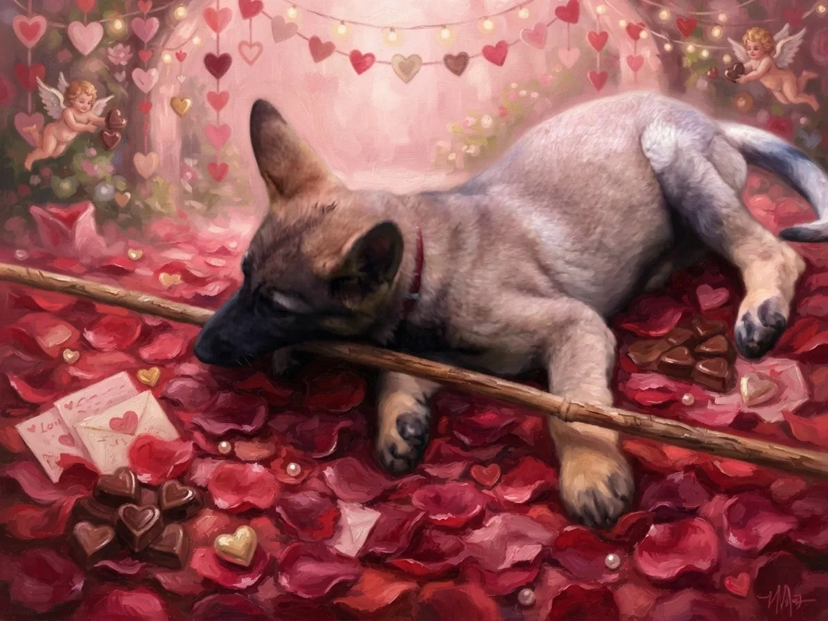 Young German Shepherd resting among painted roses and Valentine decorations