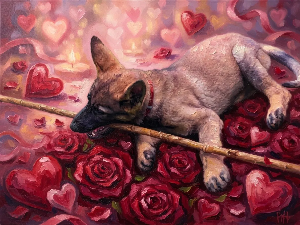 Young German Shepherd resting among painted roses and Valentine decorations