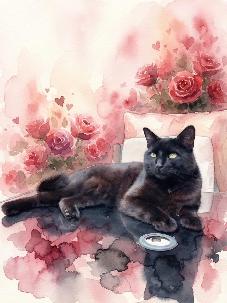Black cat in a soft watercolor Valentine portrait filled with roses