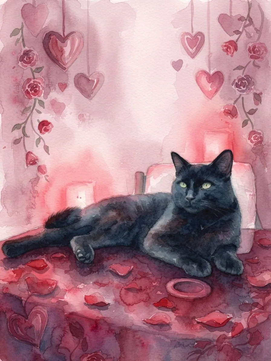 Black cat in a soft watercolor Valentine portrait filled with roses