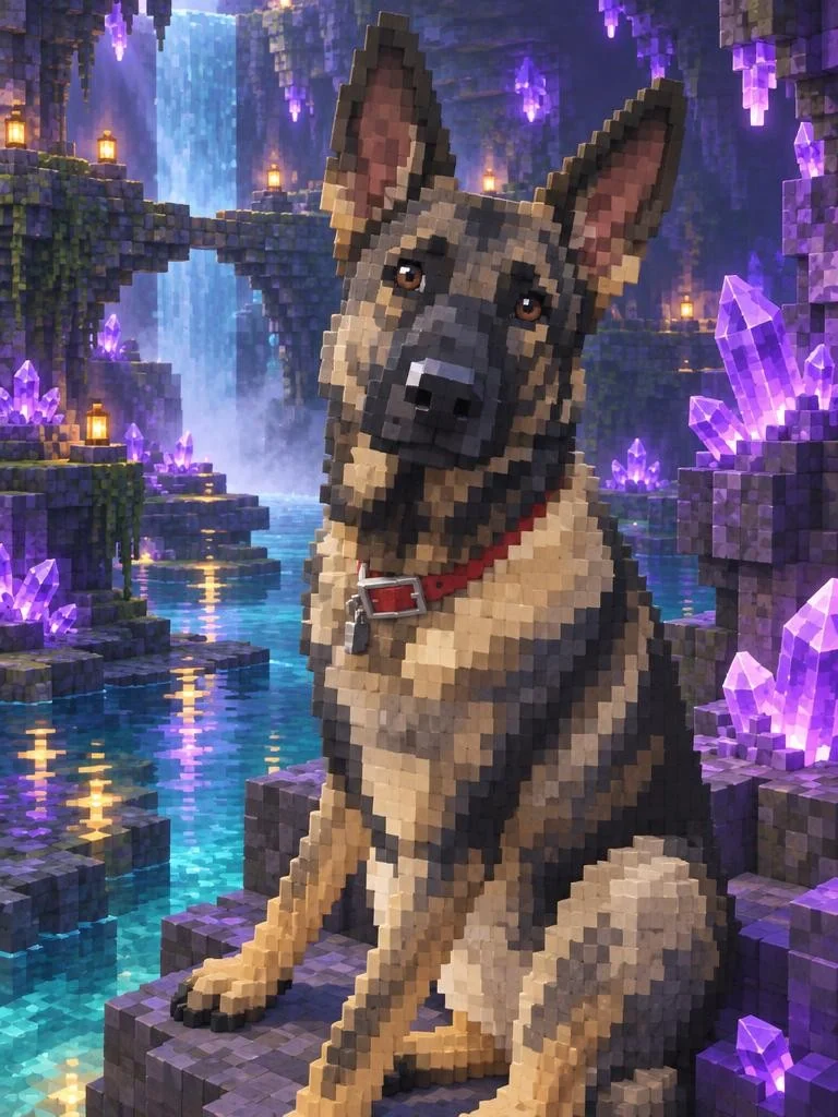 German Shepherd rendered as voxel art inside a glowing purple crystal cave