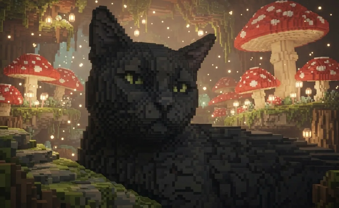 Close black cat portrait rendered as voxel art among glowing giant mushrooms
