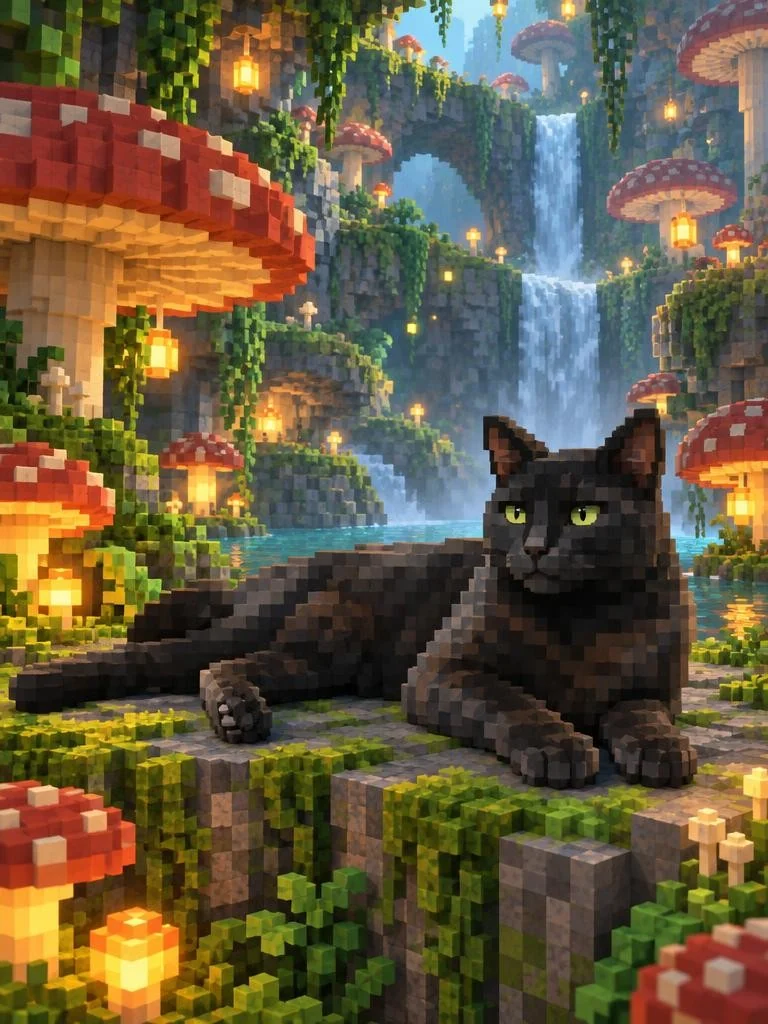 Black cat lounging in a voxel mushroom grotto beside a glowing waterfall