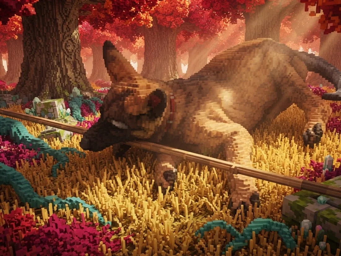 Young German Shepherd puppy rendered as voxel art among crimson trees and crystal ruins in Prismatic Wildwood