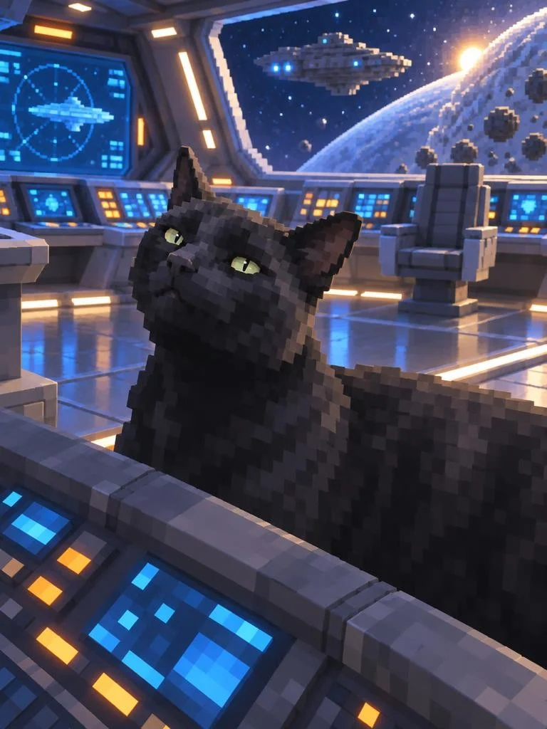 Black cat rendered as voxel art on a futuristic starship bridge with Earth beyond the window