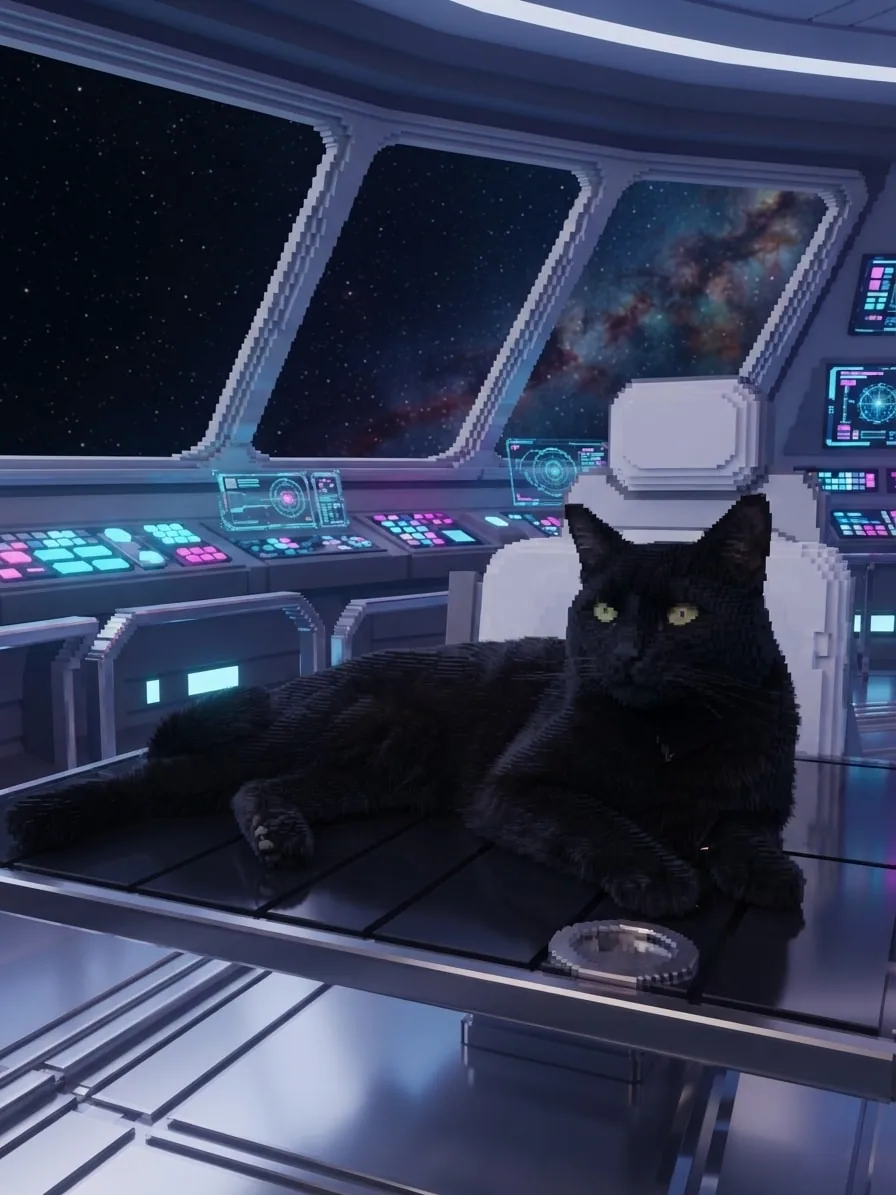 Black cat rendered as reclining voxel art on a futuristic starship bridge