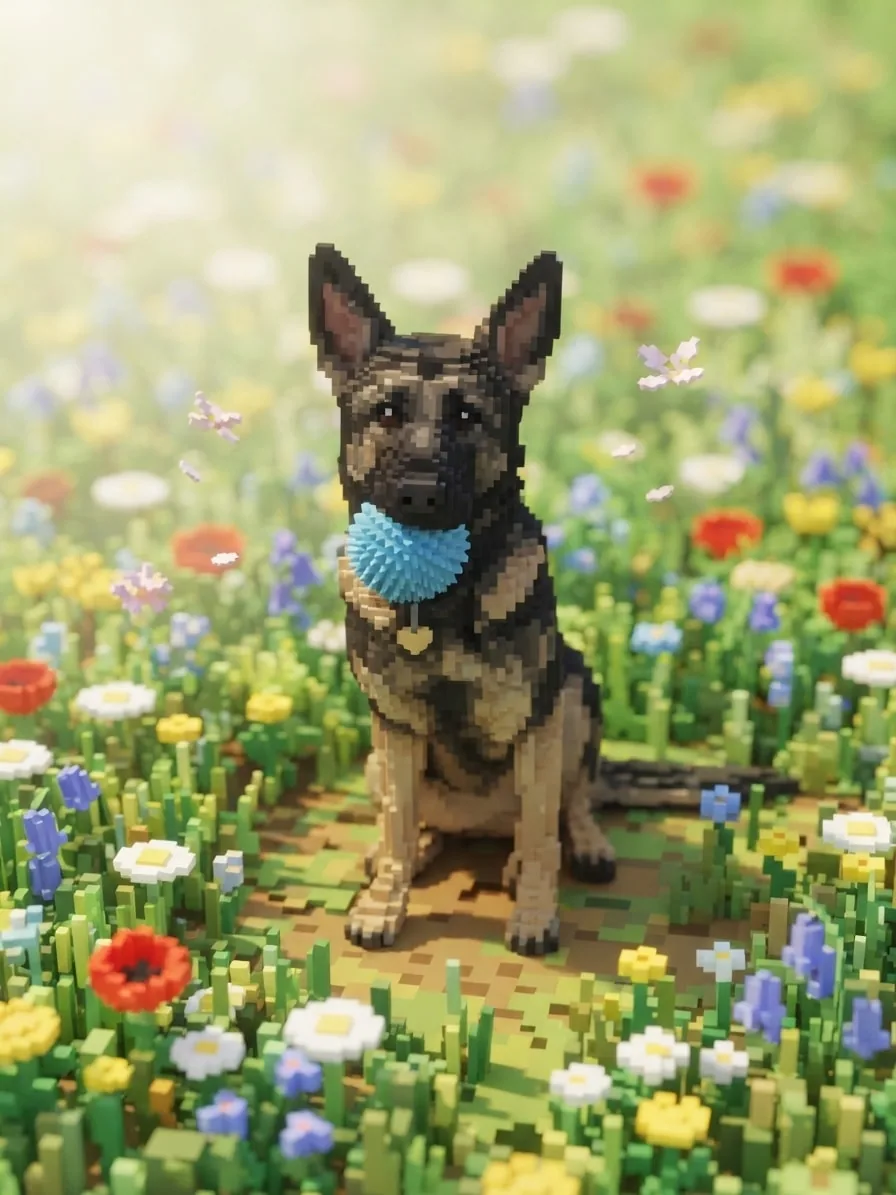 Full-body German Shepherd rendered as voxel art in a spring meadow