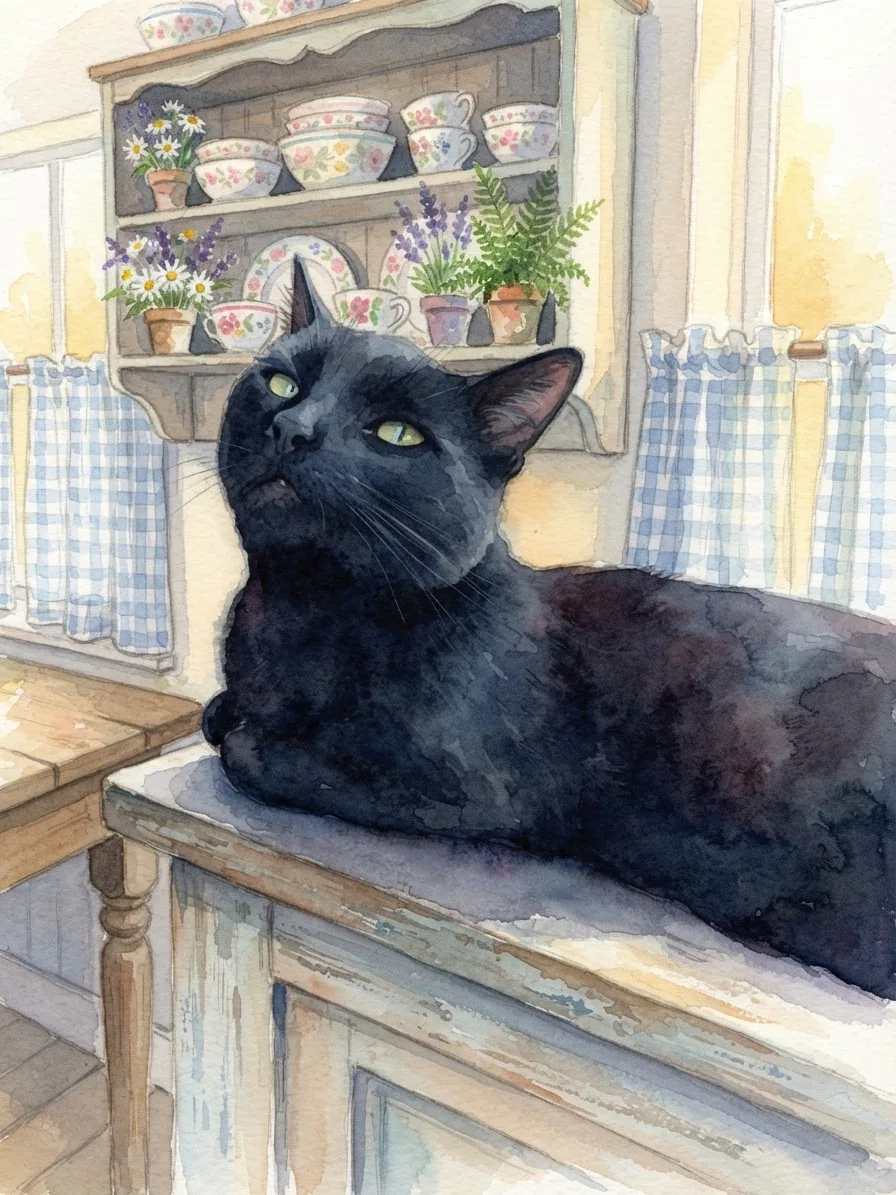 Black cat painted in watercolor inside a bright country cottage kitchen