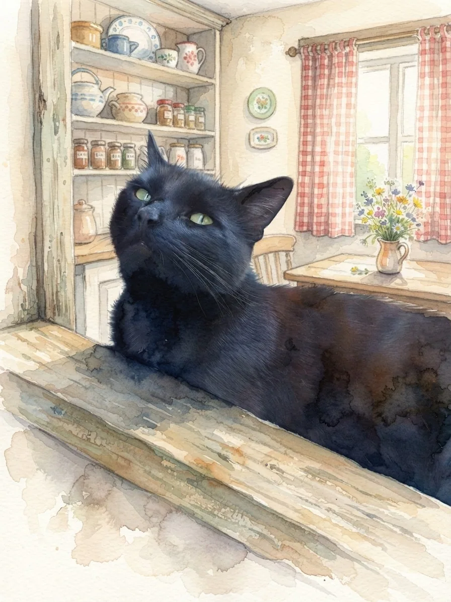 Black cat painted in watercolor inside a bright country cottage kitchen