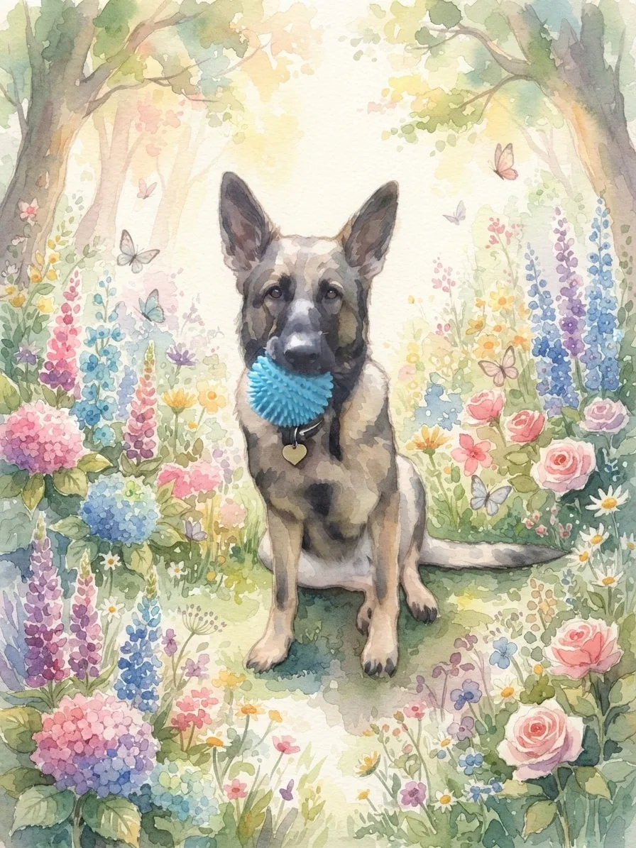 German Shepherd holding a blue ball in a colourful watercolor flower garden