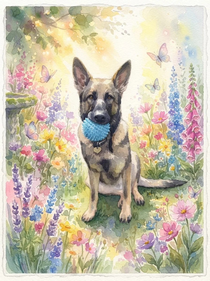 German Shepherd holding a blue ball in a colourful watercolor flower garden